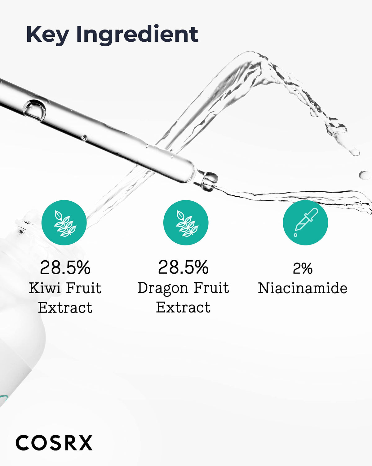 Lightweight watery serum texture seen flowing from the bottle