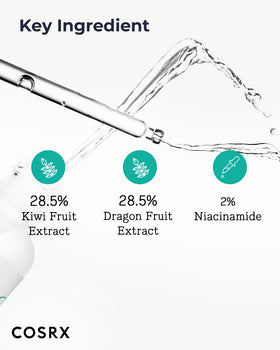 Lightweight watery serum texture seen flowing from the bottle