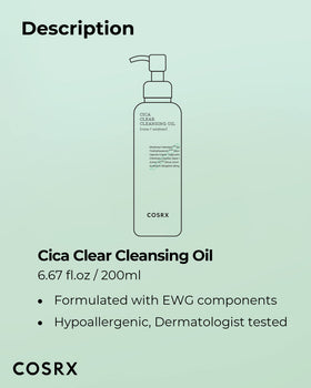 Packaging shot showing dermatologist-tested, hypoallergenic COSRX cleansing oil