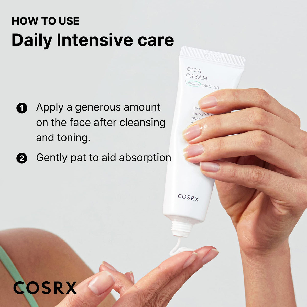 COSRX Pure Fit Cica Cream palm-application showing lightweight texture.