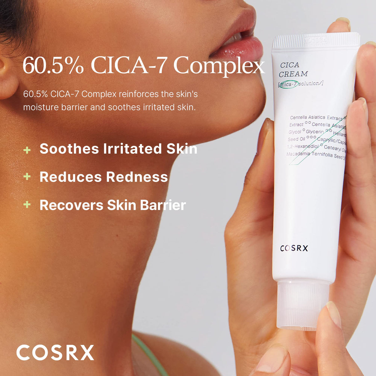 COSRX Pure Fit Cica Cream bottle highlights Centella extract for soothing care.