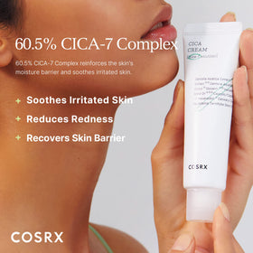 COSRX Pure Fit Cica Cream bottle highlights Centella extract for soothing care.