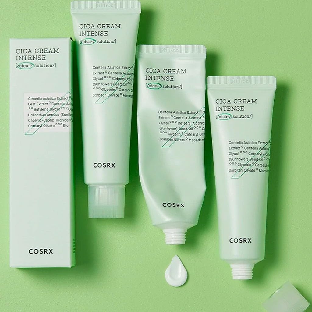 COSRX Pure Fit Cica Intensive Cream applied on face for soothing relief.