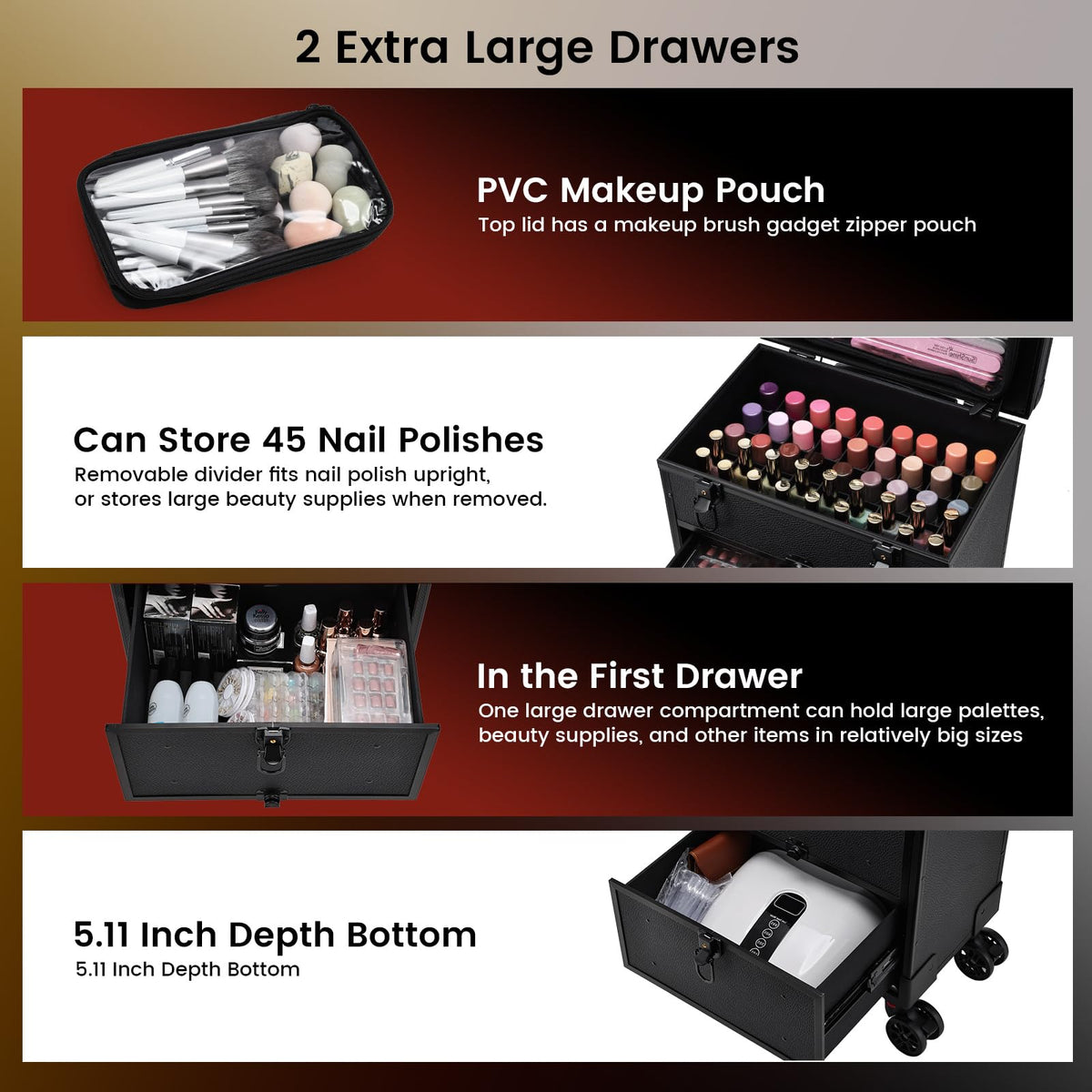 Costravio rolling train case with large bottom drawer for cosmetics and tools