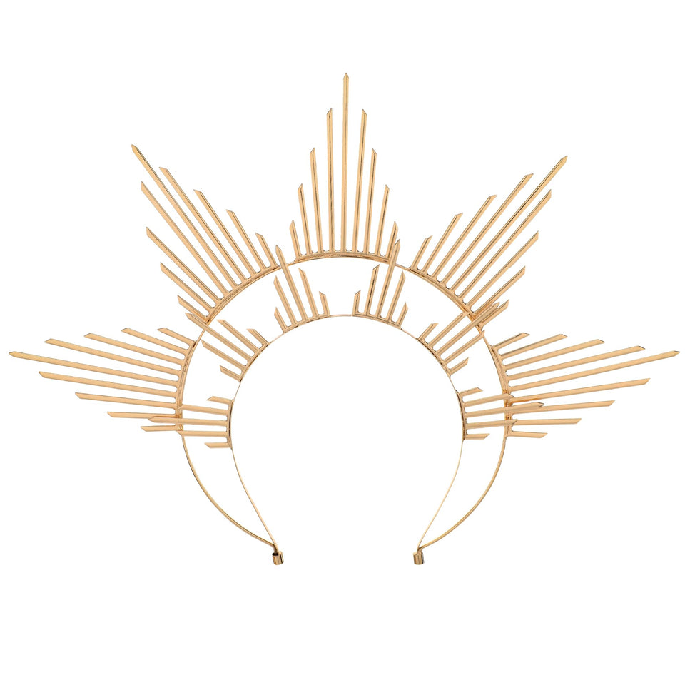 COSUCOS Golden Halo Crown front view with sunburst spikes for cosplay