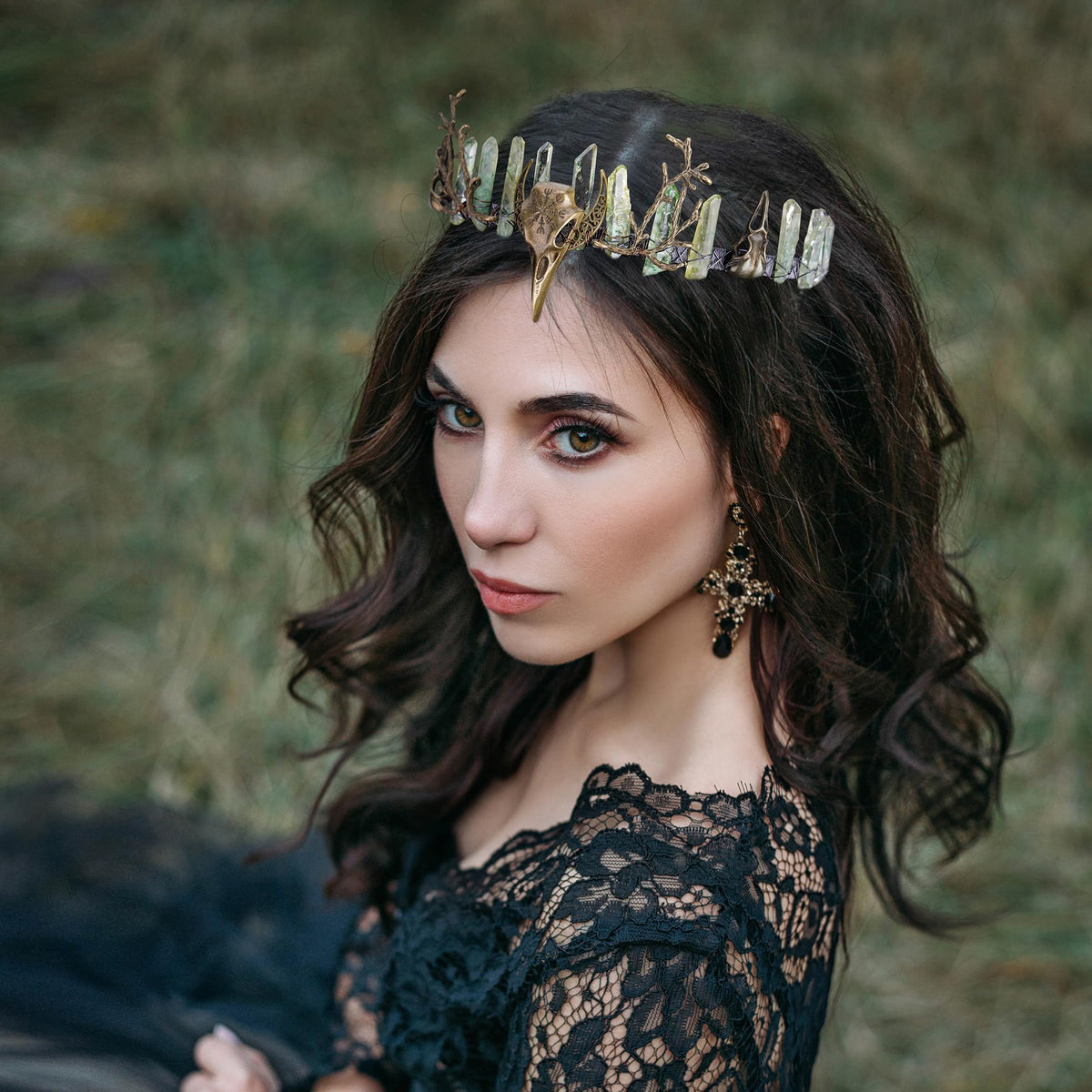 CoTeeZa Bronze crow branch headpiece highlights intricate metalwork for elegant wedding styling.