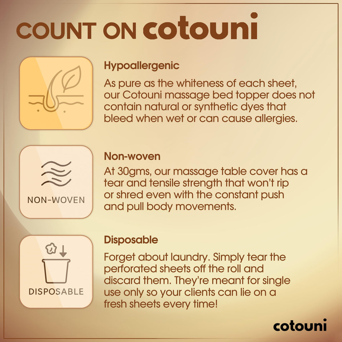 Cotouni latex-free, recyclable cover providing gentle touch suitable for sensitive skin.