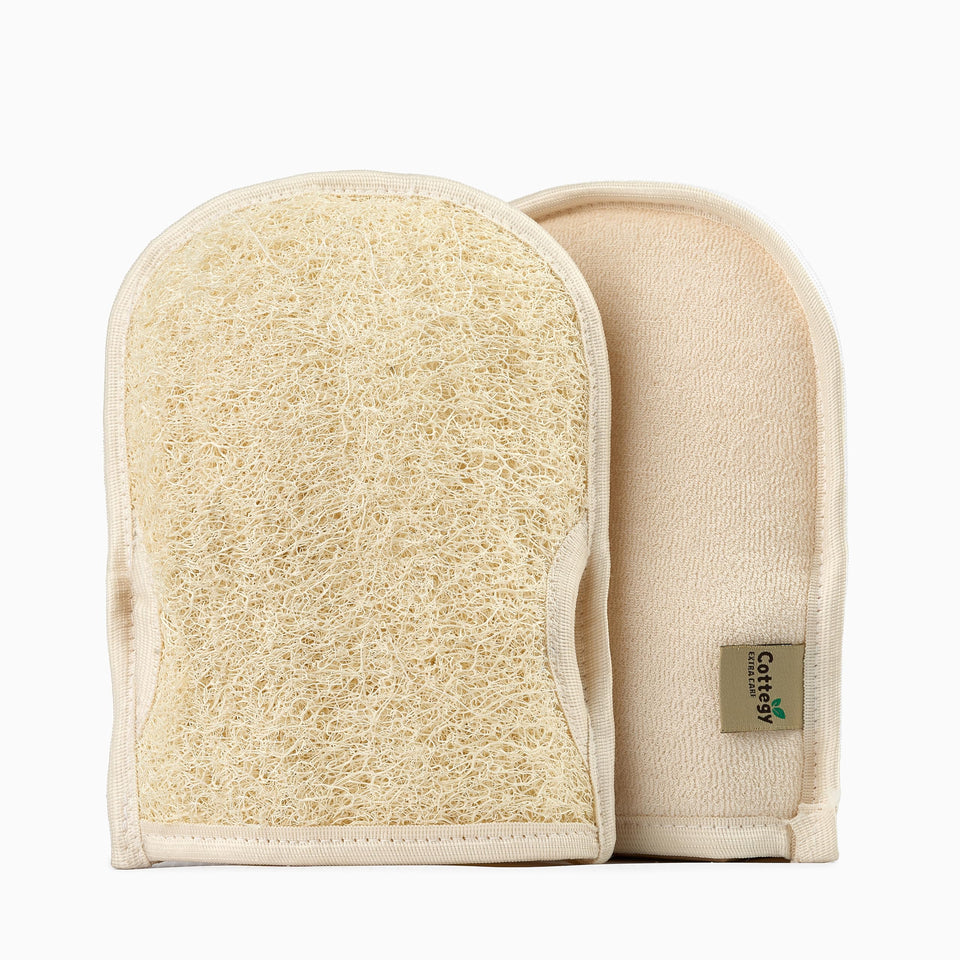 Cottegy loofah gloves with left thumb for precise back exfoliation