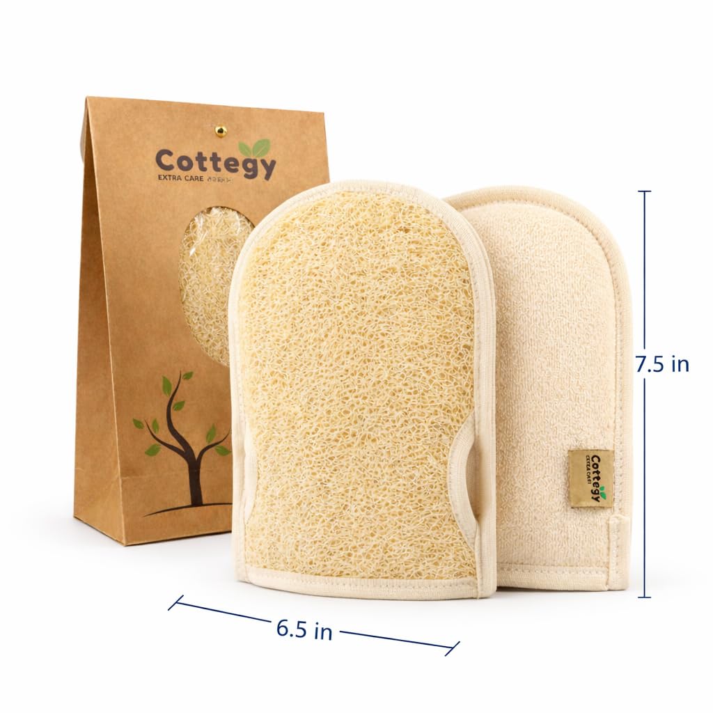 Cottegy loofah gloves with right thumb for thorough scrubbing