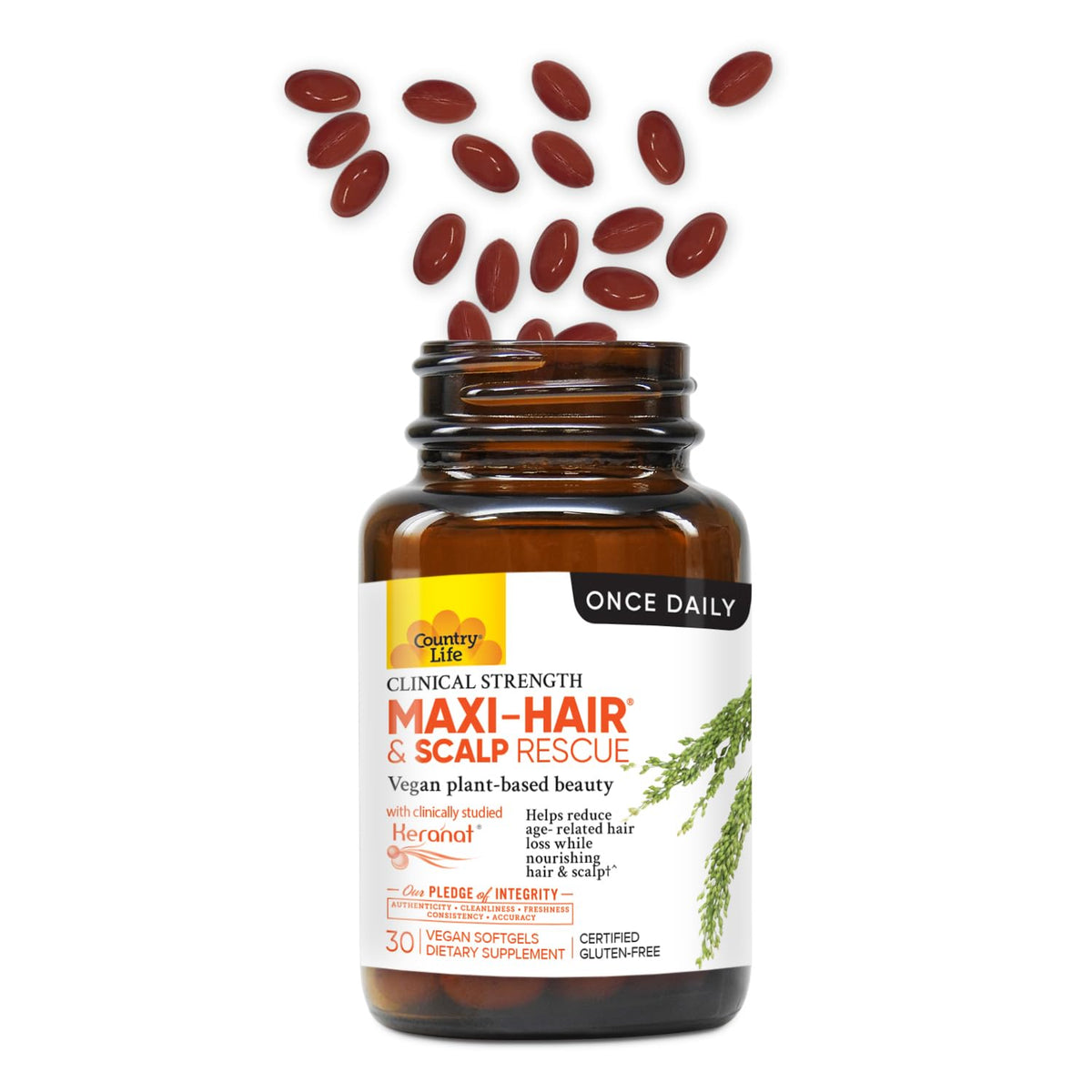 Country Life Maxi-Hair softgels close-up emphasizing clean-label, plant-based ingredients.