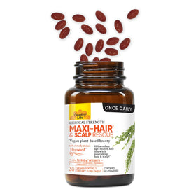Country Life Maxi-Hair softgels close-up emphasizing clean-label, plant-based ingredients.