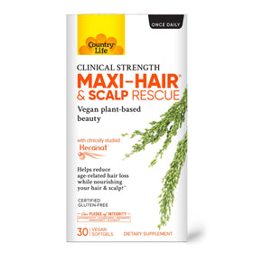 Country Life Maxi-Hair supplement bottle highlighting vegan, gluten-free formula.