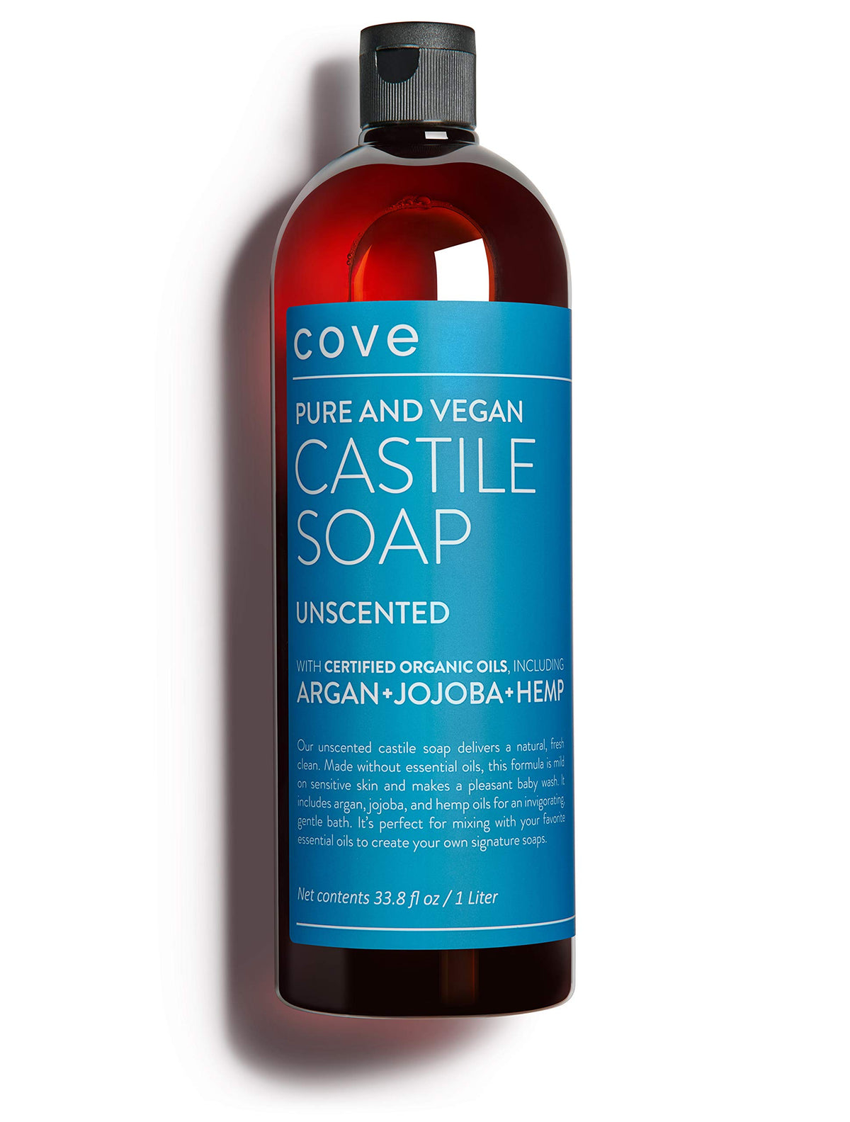 Cove Castile Soap Unscented bottle demonstrates gentle daily cleaning for sensitive skin.