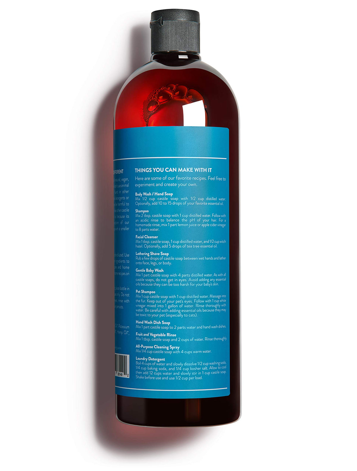 Cove Castile Soap Unscented ingredients close-up highlights argan, jojoba, and hemp oils.