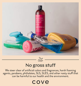 Cove Castile Soap Unscented label highlights gentle skin suitability and unscented design.