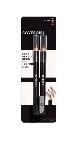 Close-up of Easy Breezy Brow dual pencils and sharpener by CoverGirl.