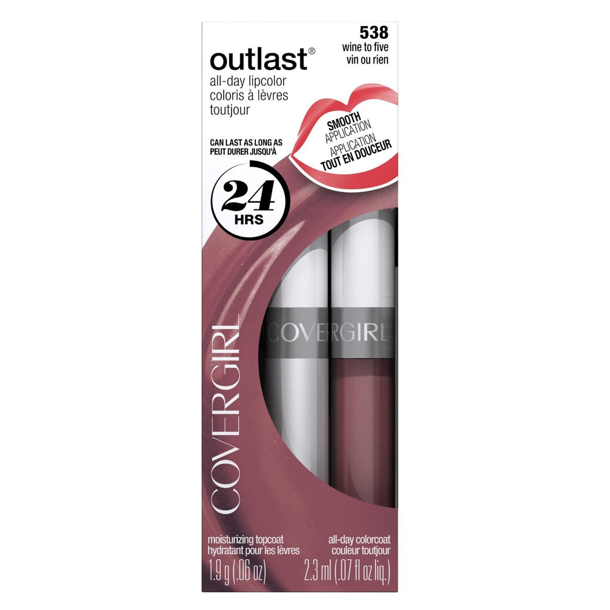 CoverGirl Outlast Lipcolor Wine to Five 538, dual-pack, long-lasting shade for daily wear