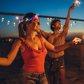 Coxeer wreath headband with built-in battery lights up celebrations.