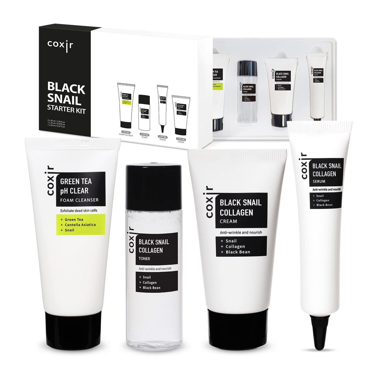 Coxir Black Snail Collagen Starter Kit cleanser: gentle daily cleansing to prep skin