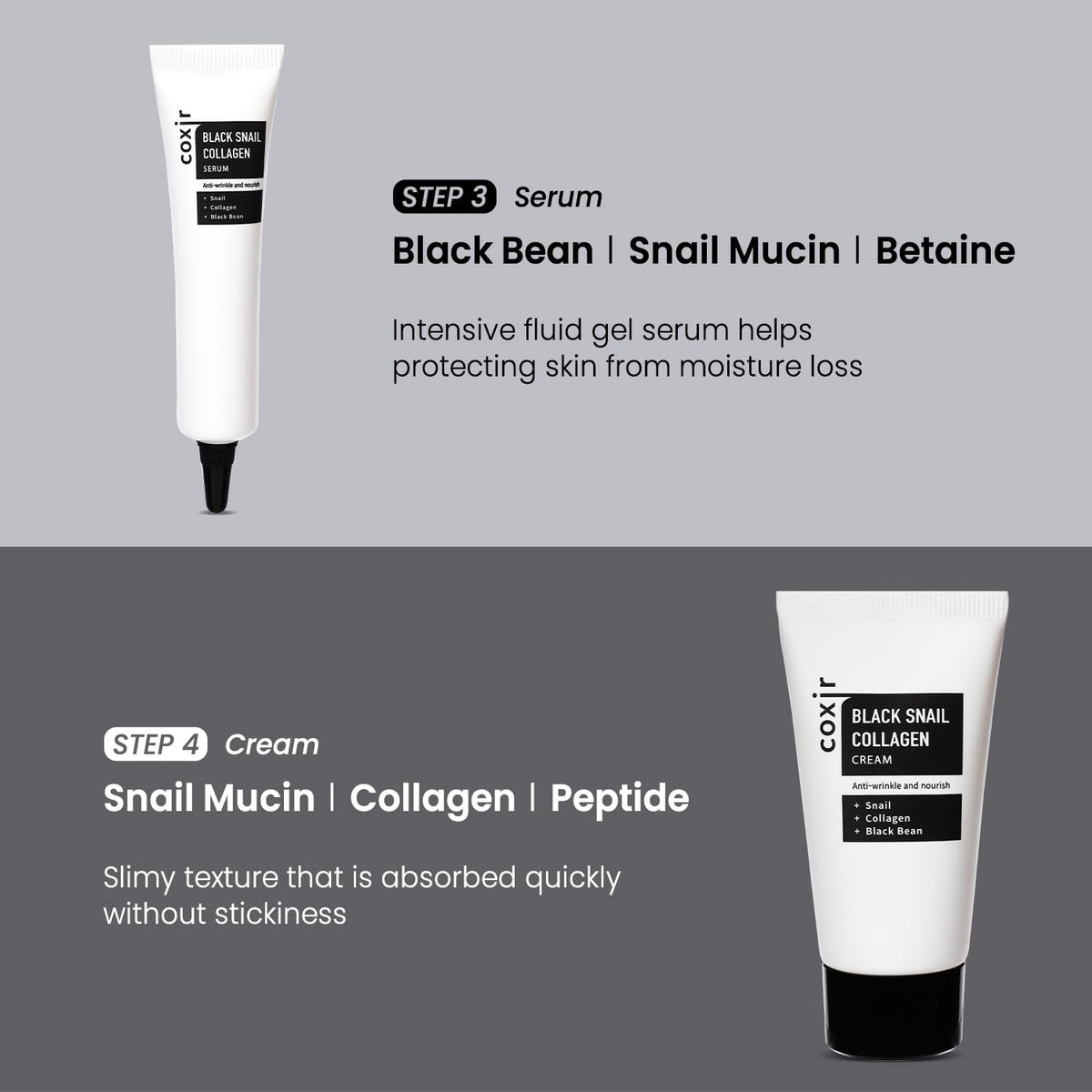 Coxir Black Snail Collagen Starter Kit close-up: premium snail mucin skincare textures