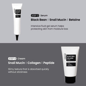 Coxir Black Snail Collagen Starter Kit close-up: premium snail mucin skincare textures