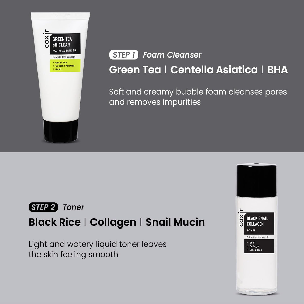 Coxir Black Snail Collagen Starter Kit display: convenient four-step routine