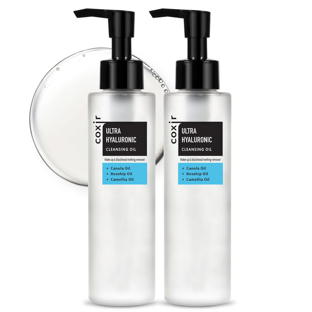 Coxir Ultra Hyaluronic Cleansing Oil bottle highlighting hydrating makeup removal use.