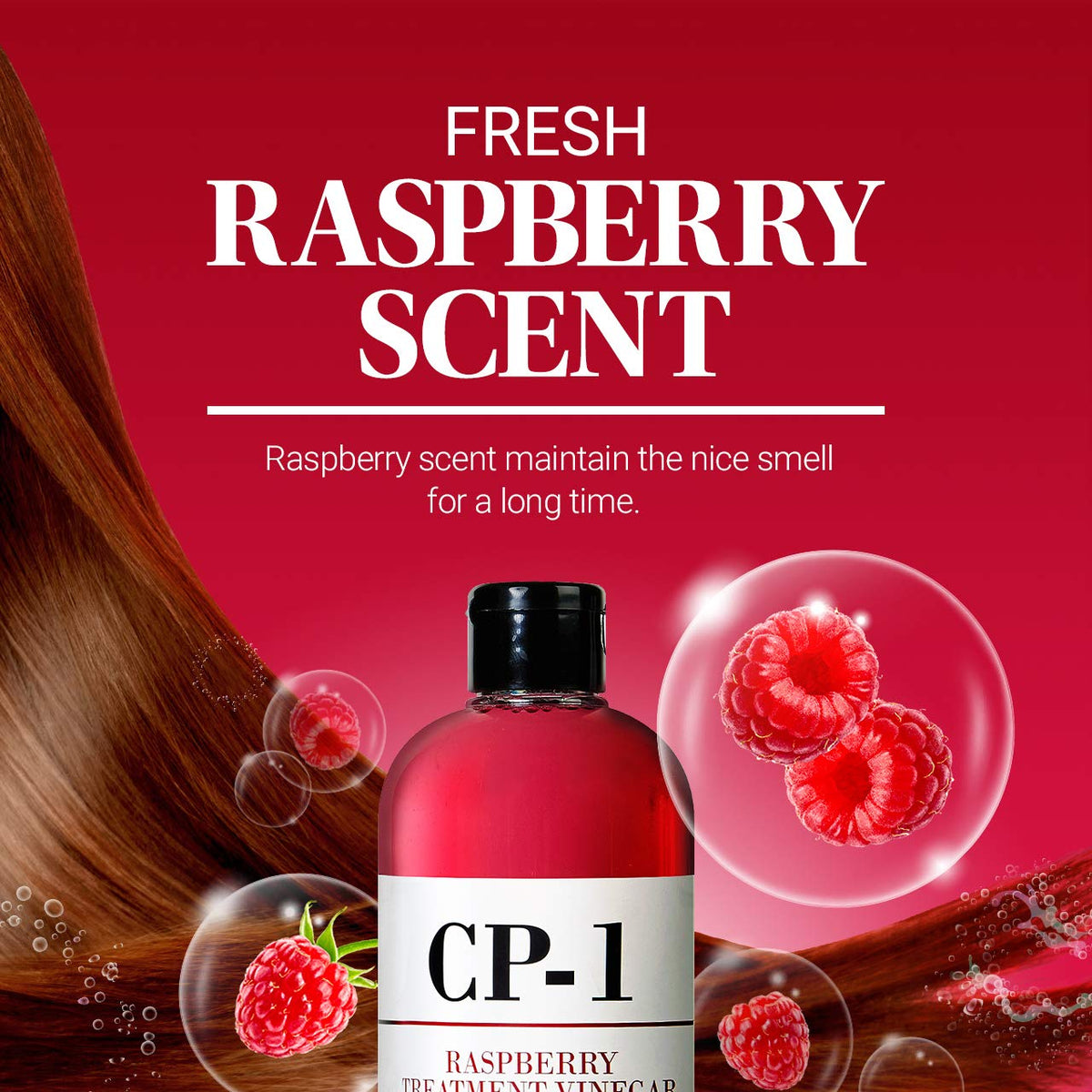 After-use shot of CP-1 Raspberry Treatment Hair Vinegar Rinse showing light shine and refreshed roots