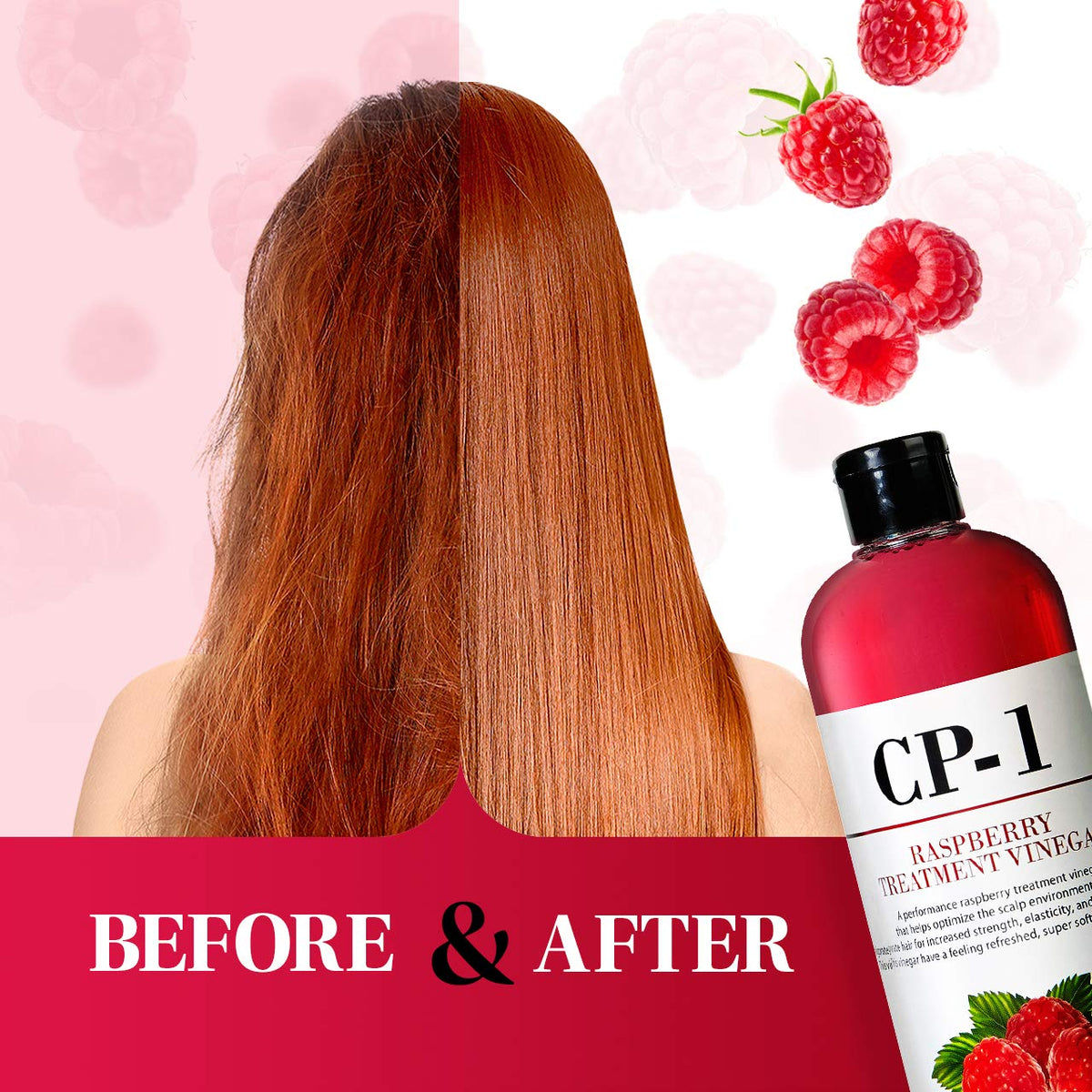 Close-up of raspberries and formula hinting at berry-infused cleansing for scalp care