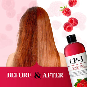 Close-up of raspberries and formula hinting at berry-infused cleansing for scalp care
