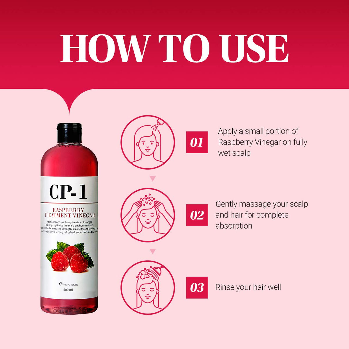 Packaging of CP-1 Raspberry Treatment Hair Vinegar Rinse with clear bottle and cap
