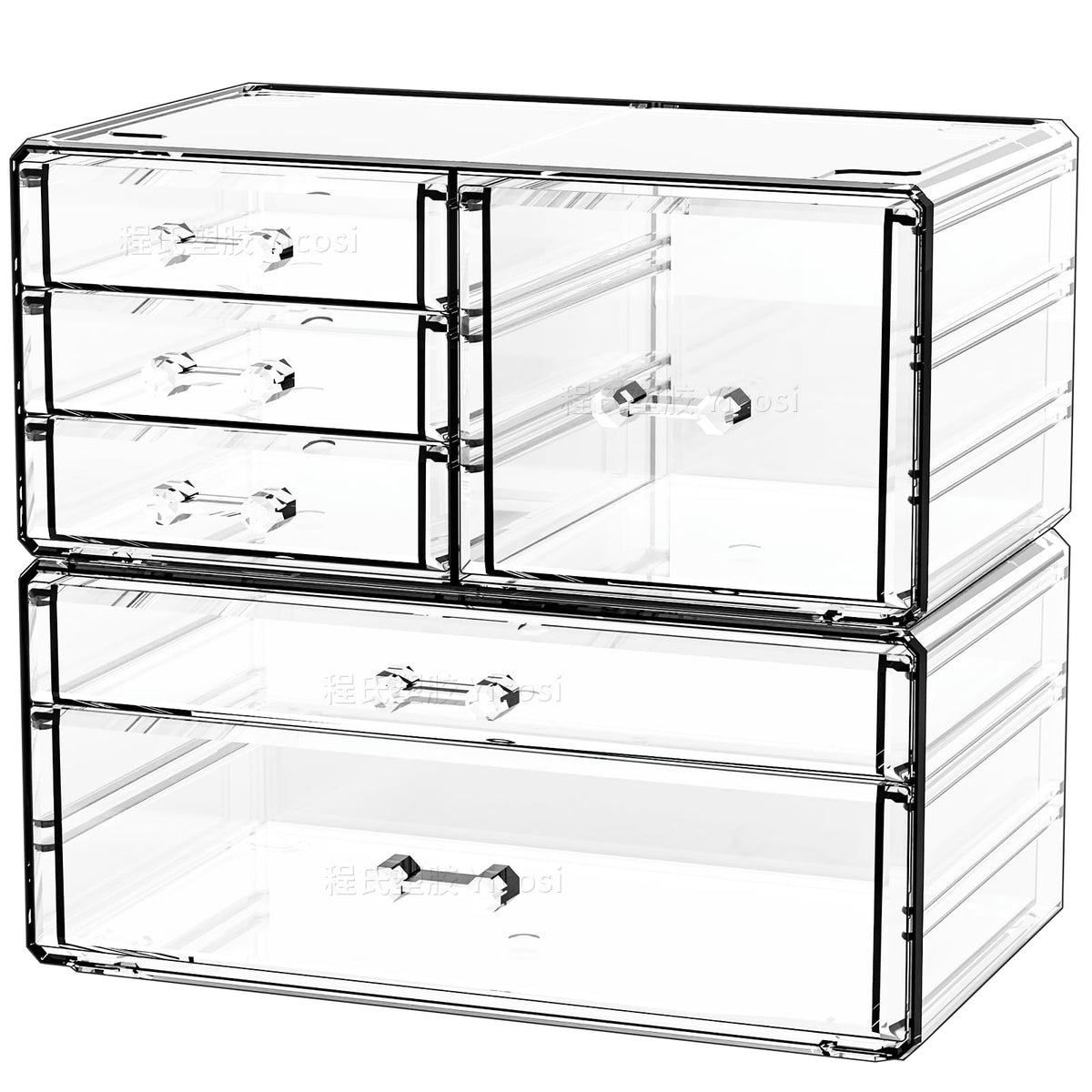 Cq acrylic 2-pack clear desk organizer with drawers for skincare storage.