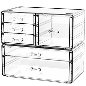 Cq acrylic 2-pack clear desk organizer with drawers for skincare storage.