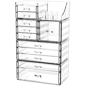 CQ Acrylic clear makeup organizer top view for easy access and modern vanity style