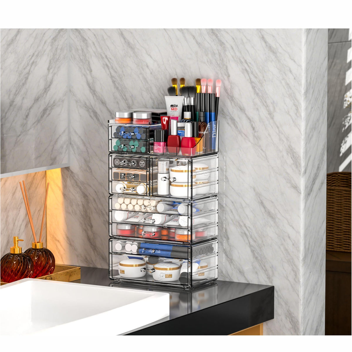 CQ Acrylic makeup brush and lotion storage helps daily routines stay organized