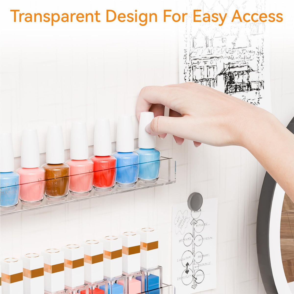 Each shelf holds about 10–15 bottles for busy studios
