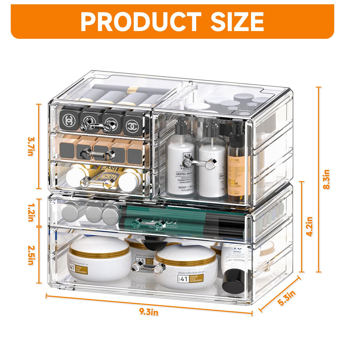 Cq acrylic stackable six-drawer organizer boosts vanity organization.