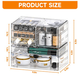 Cq acrylic stackable six-drawer organizer boosts vanity organization.