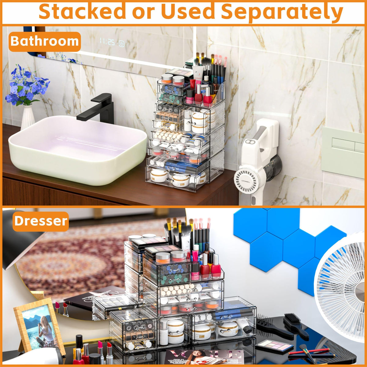 CQ Acrylic stackable drawer system to maximize counter space