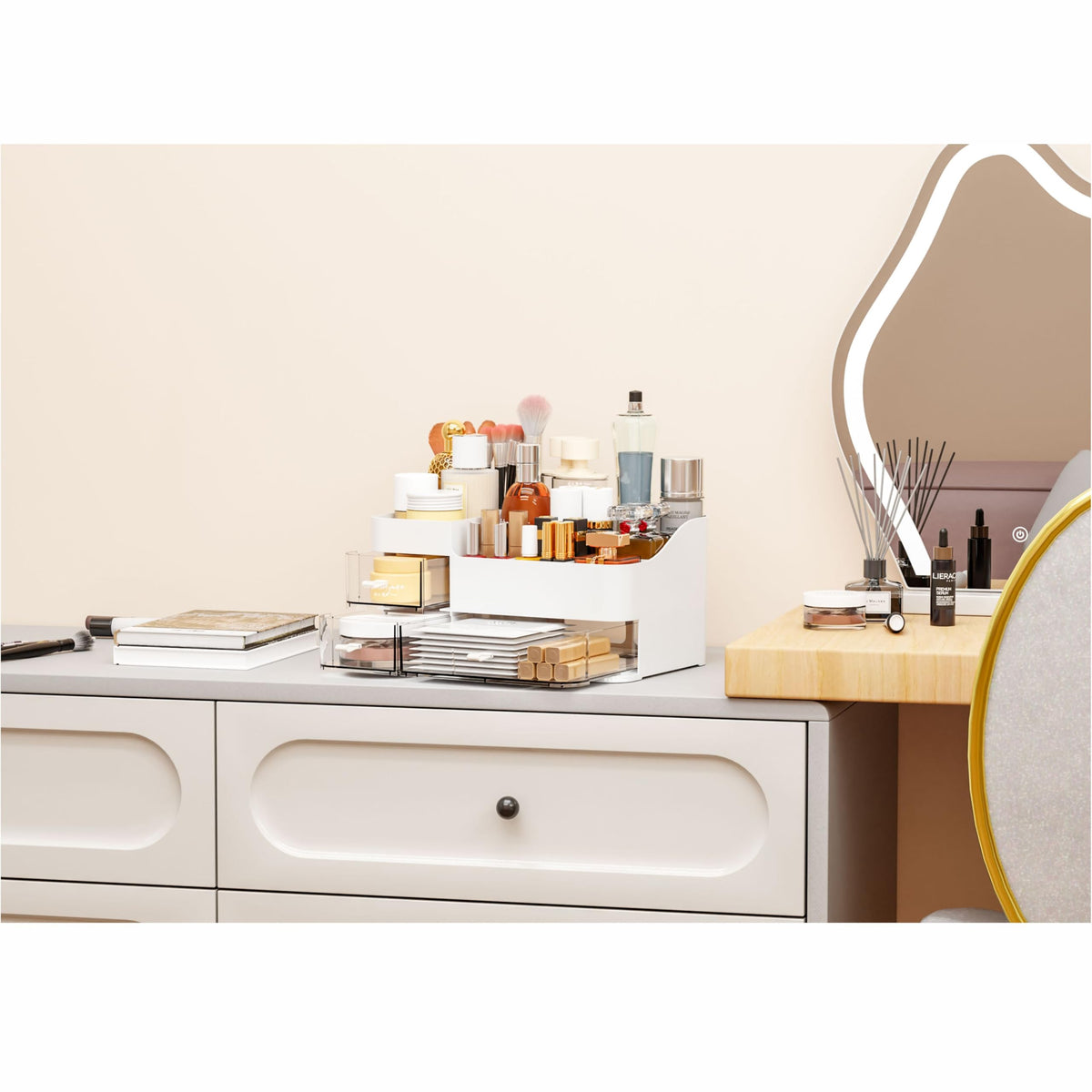 CQ Acrylic bathroom counter storage keeps skincare neatly arranged.