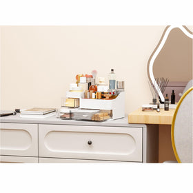 CQ Acrylic bathroom counter storage keeps skincare neatly arranged.