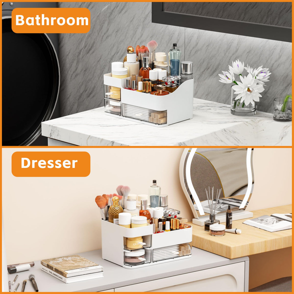 CQ Acrylic white 3-drawer organizer, spacious storage for brushes and palettes.