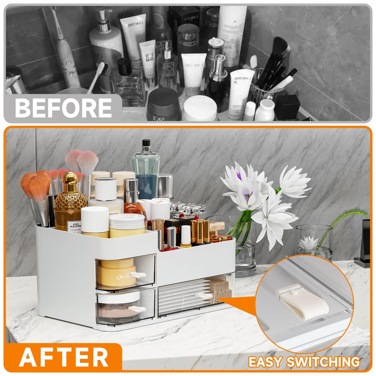CQ Acrylic white makeup organizer with transparent drawers for fast access.