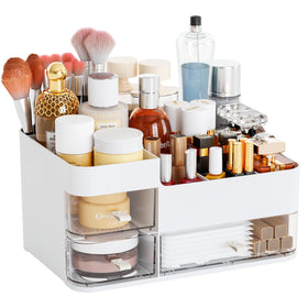 CQ Acrylic white makeup organizer with drawers, front view for quick, visible access to cosmetics.