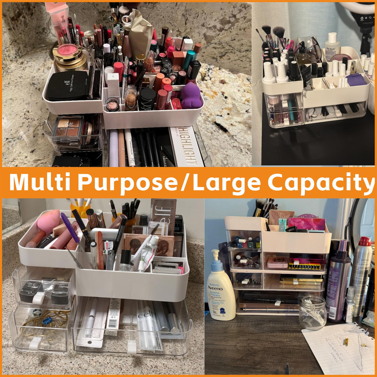 CQ Acrylic vanity organizer on dresser, enhances vanity decor.