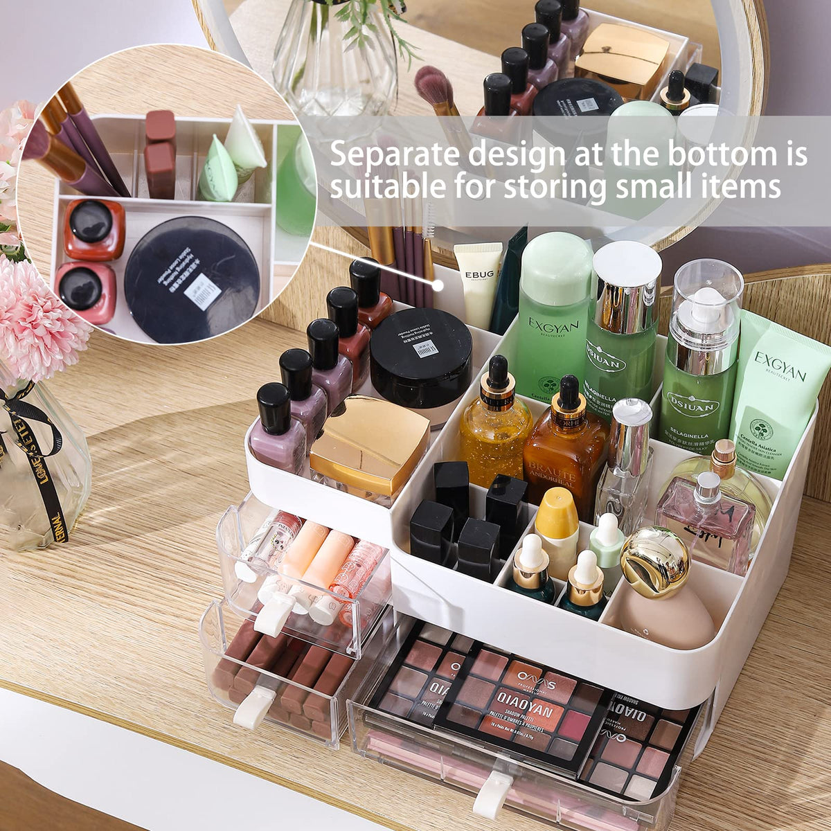 CQ Acrylic storage for palettes and brushes on a vanity.