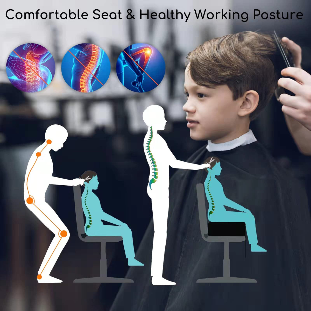 Crablux leather styling chair cushion provides durable comfort during long styling sessions.