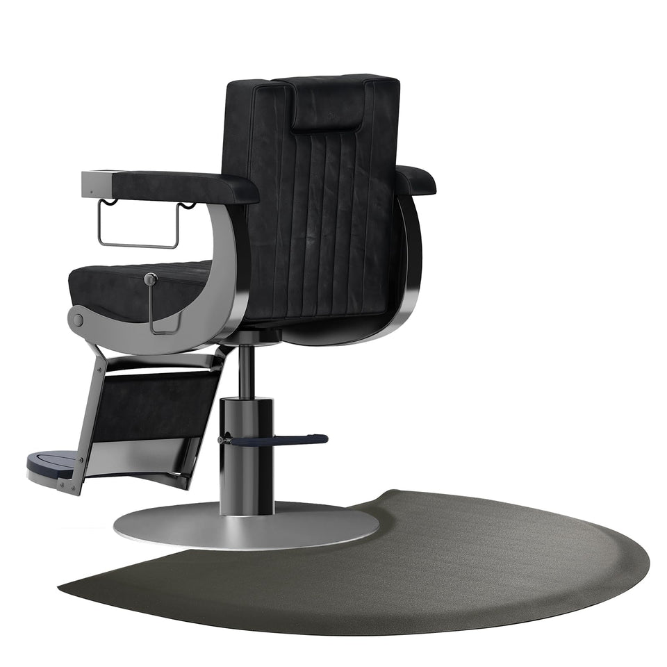 Crablux salon mat setup at a barber station, promoting comfortable standing during long sessions.