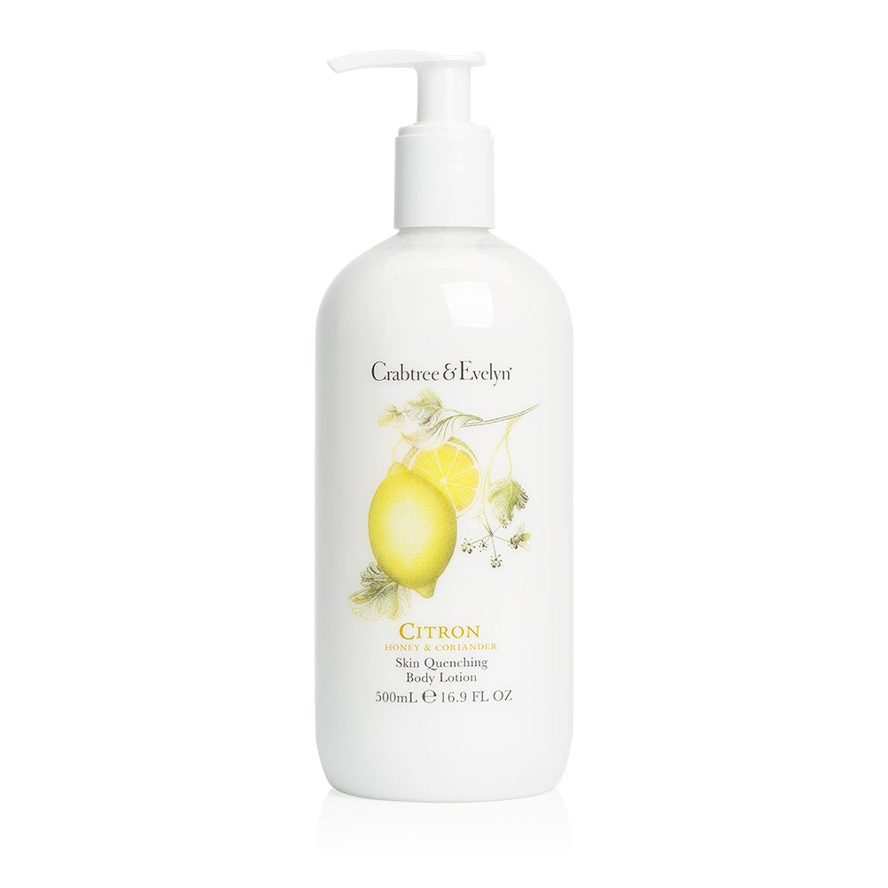 Crabtree & Evelyn citron honey coriander lotion bottle close-up showing smooth texture.