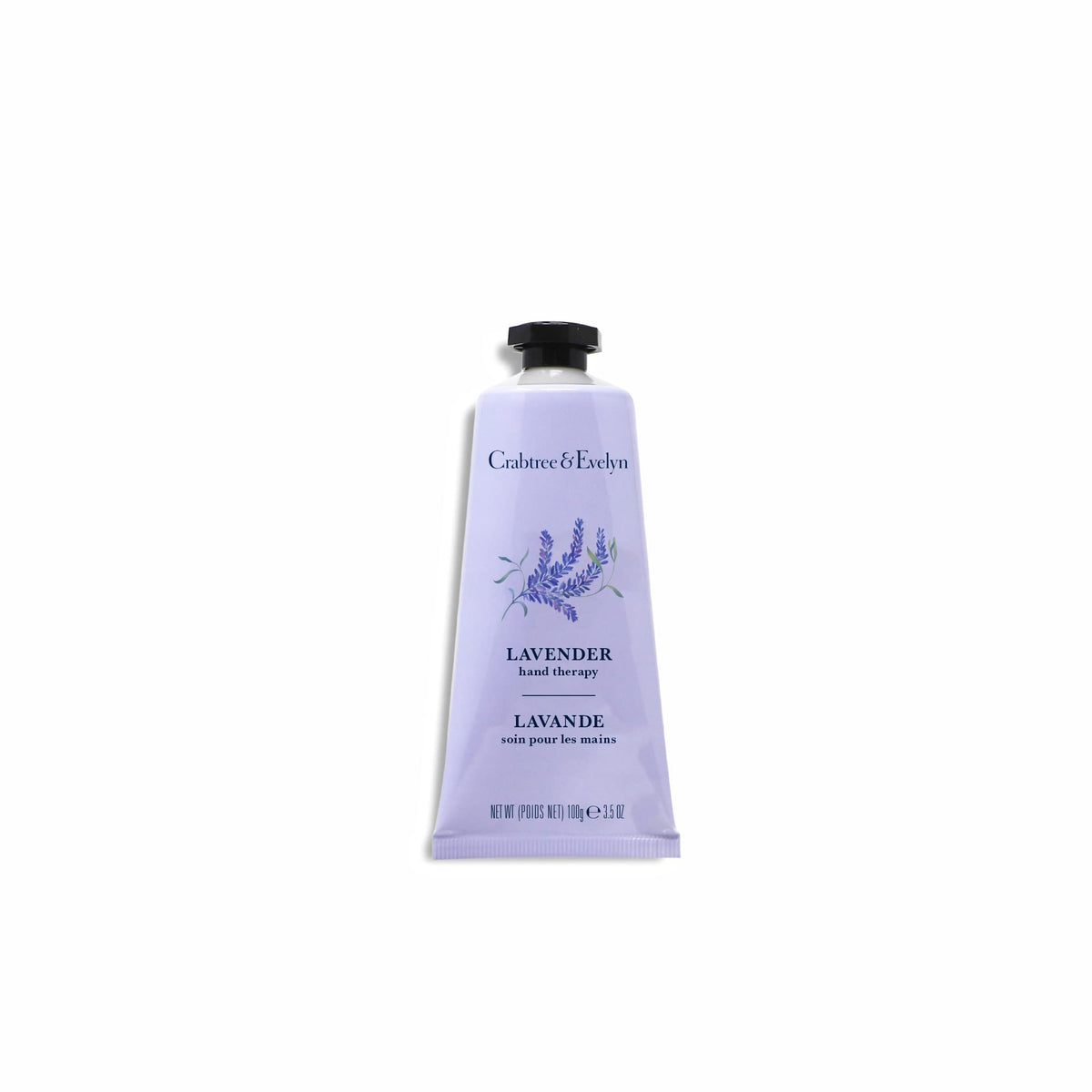 Crabtree & Evelyn Lavender Hand Therapy with lavender blooms beside the jar, ideal travel companion.